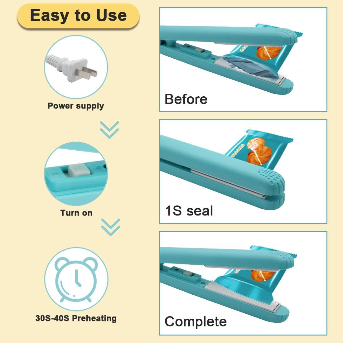 Chip Bag Sealer Handheld Bag Sealer Heat Seal Food Saver Bags Mini Kitchen Gadgets,Handheld Food Sealer Heat Sealer with 45"Power Cable for Mylar Bag Plastic Bag Food Sealer Bags(Blue)